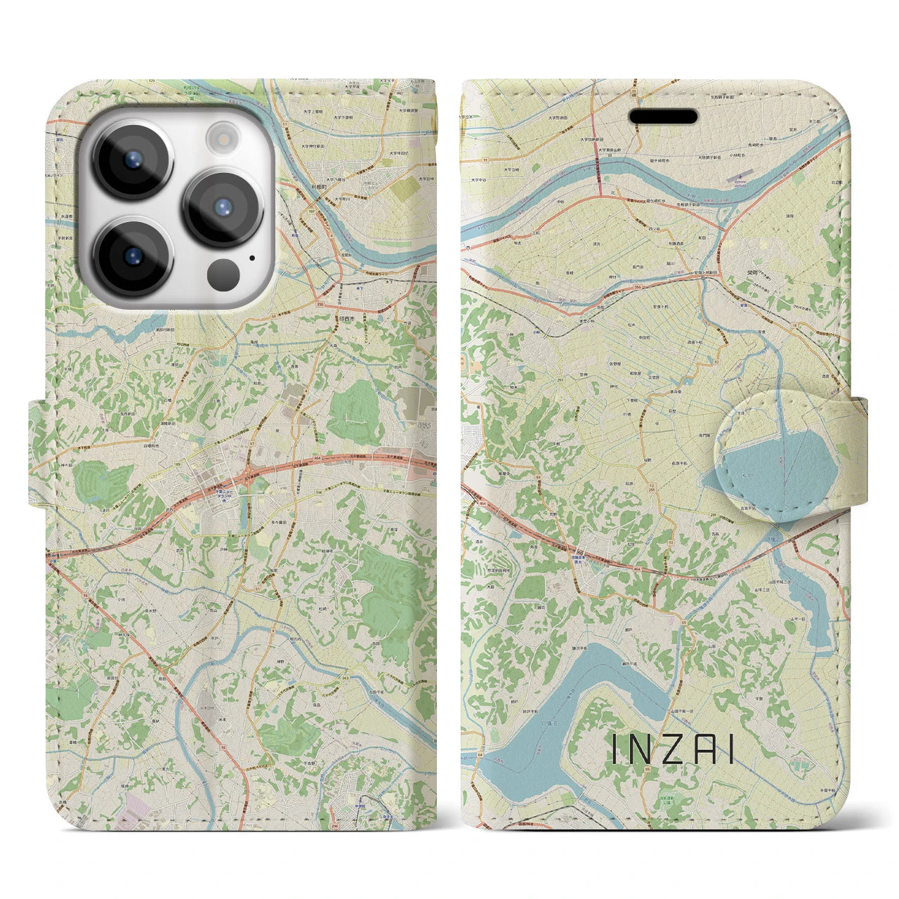 【印西（千葉県）】地図柄iPhoneケース（手帳タイプ）ナチュラル・iPhone 14 Pro 用