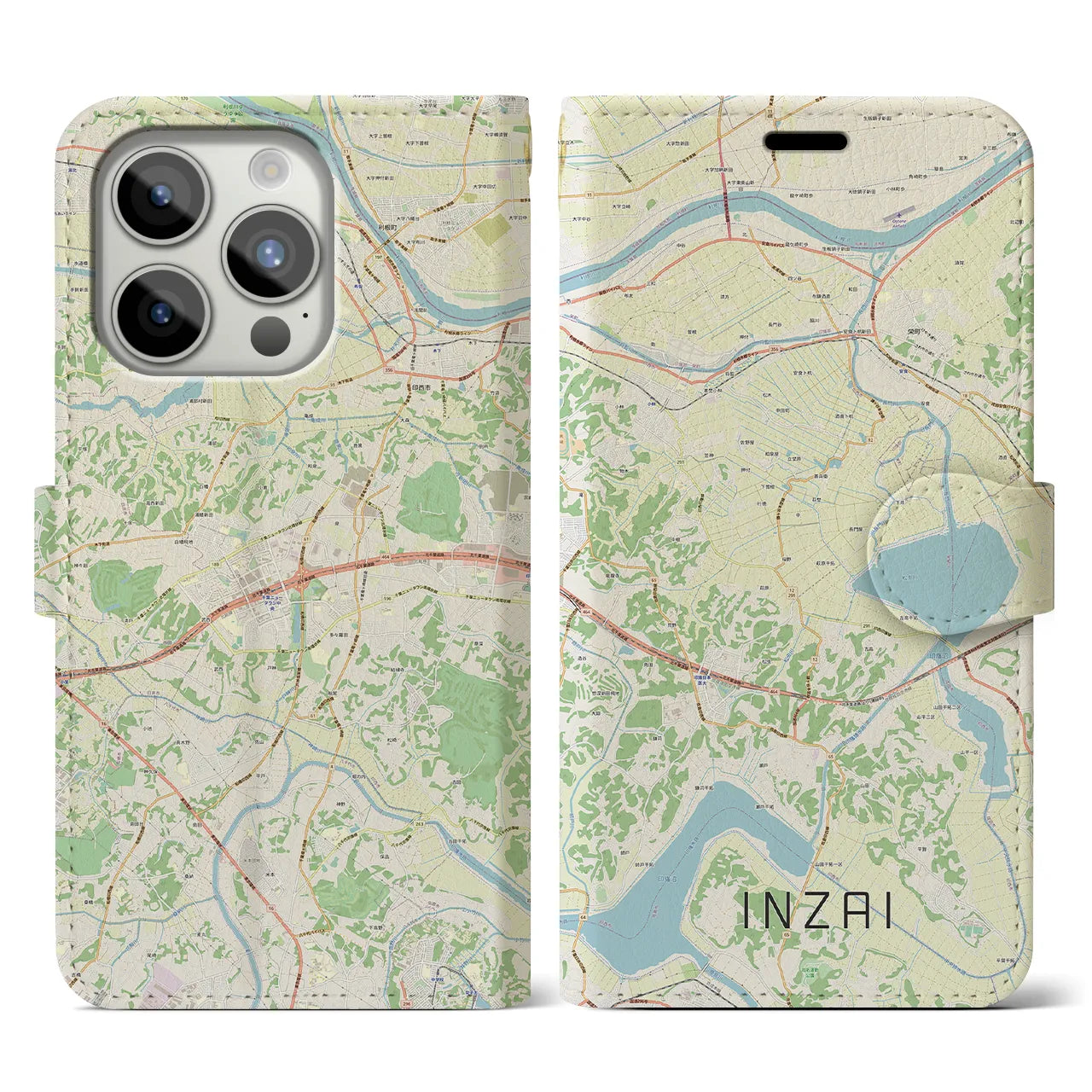 【印西（千葉県）】地図柄iPhoneケース（手帳タイプ）ナチュラル・iPhone 15 Pro 用