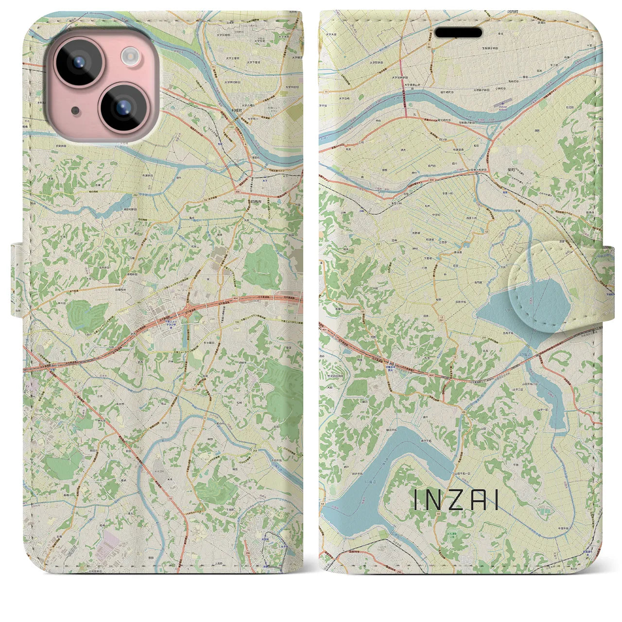 【印西（千葉県）】地図柄iPhoneケース（手帳タイプ）ナチュラル・iPhone 15 Plus 用