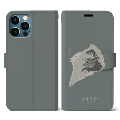 【硫黄島（東京都）】地図柄iPhoneケース（手帳タイプ）モノトーン・iPhone 12 / 12 Pro 用