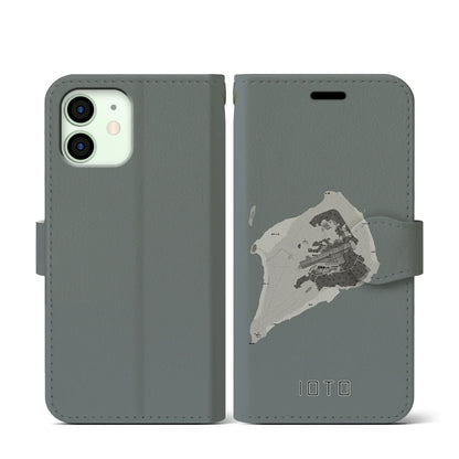 【硫黄島（東京都）】地図柄iPhoneケース（手帳タイプ）モノトーン・iPhone 12 mini 用