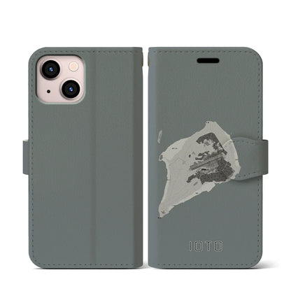 【硫黄島（東京都）】地図柄iPhoneケース（手帳タイプ）モノトーン・iPhone 13 mini 用