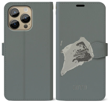 【硫黄島（東京都）】地図柄iPhoneケース（手帳タイプ）モノトーン・iPhone 14 Pro Max 用