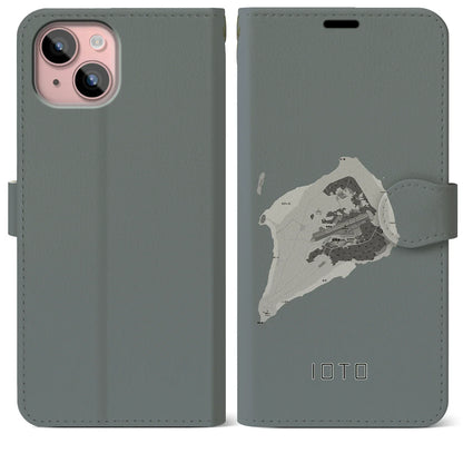 【硫黄島（東京都）】地図柄iPhoneケース（手帳タイプ）モノトーン・iPhone 15 Plus 用