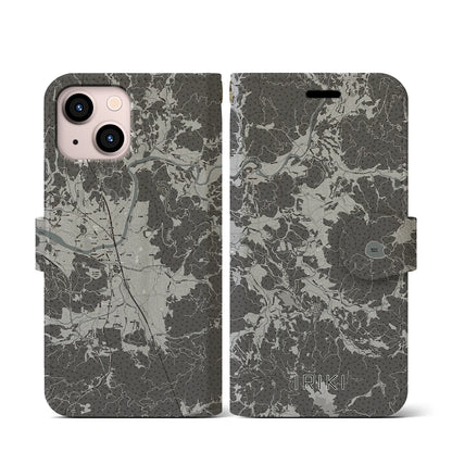 【入来（鹿児島県）】地図柄iPhoneケース（手帳タイプ）モノトーン・iPhone 13 mini 用