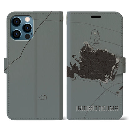 【西表島（沖縄県）】地図柄iPhoneケース（手帳タイプ）モノトーン・iPhone 12 / 12 Pro 用