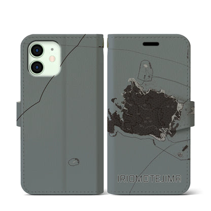 【西表島（沖縄県）】地図柄iPhoneケース（手帳タイプ）モノトーン・iPhone 12 mini 用