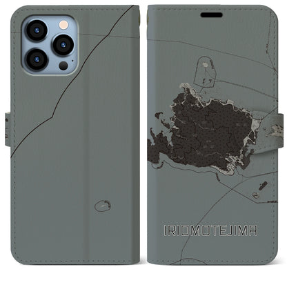 【西表島（沖縄県）】地図柄iPhoneケース（手帳タイプ）モノトーン・iPhone 13 Pro Max 用