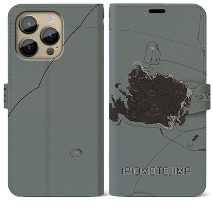 【西表島（沖縄県）】地図柄iPhoneケース（手帳タイプ）モノトーン・iPhone 14 Pro Max 用