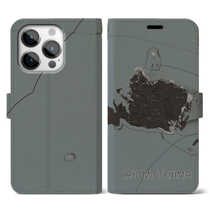 【西表島（沖縄県）】地図柄iPhoneケース（手帳タイプ）モノトーン・iPhone 14 Pro 用