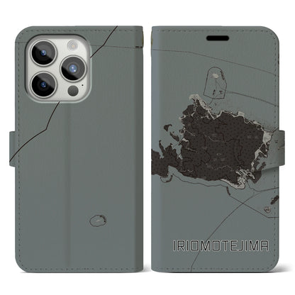 【西表島（沖縄県）】地図柄iPhoneケース（手帳タイプ）モノトーン・iPhone 15 Pro 用