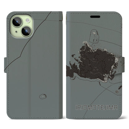 【西表島（沖縄県）】地図柄iPhoneケース（手帳タイプ）モノトーン・iPhone 15 用