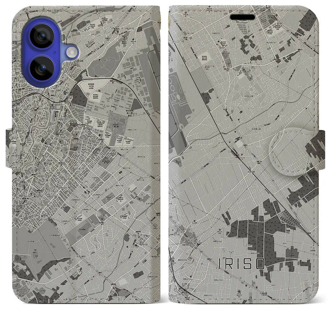 【入曽(埼玉県)】地図柄iPhoneケース(手帳タイプ)モノトーン・iPhone 16 Pro Max 用