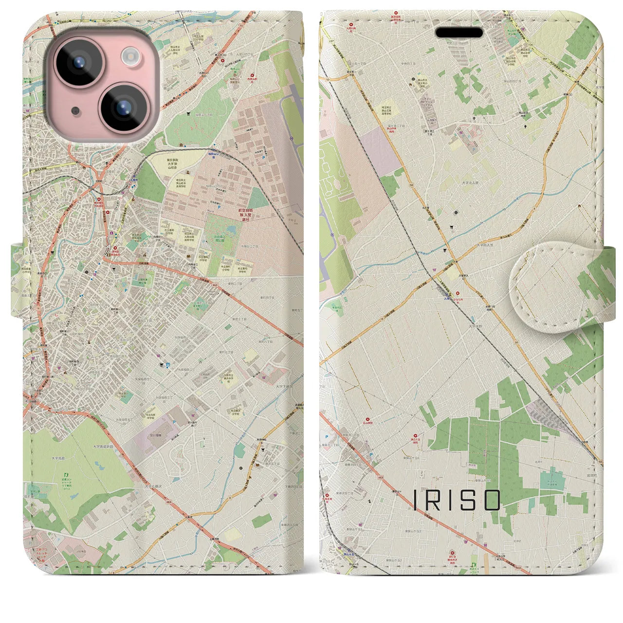 【入曽（埼玉県）】地図柄iPhoneケース（手帳タイプ）ナチュラル・iPhone 15 Plus 用