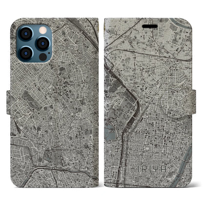 【入谷（東京都）】地図柄iPhoneケース（手帳タイプ）モノトーン・iPhone 12 / 12 Pro 用