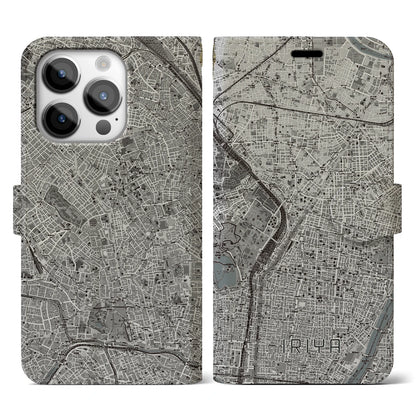 【入谷（東京都）】地図柄iPhoneケース（手帳タイプ）モノトーン・iPhone 14 Pro 用