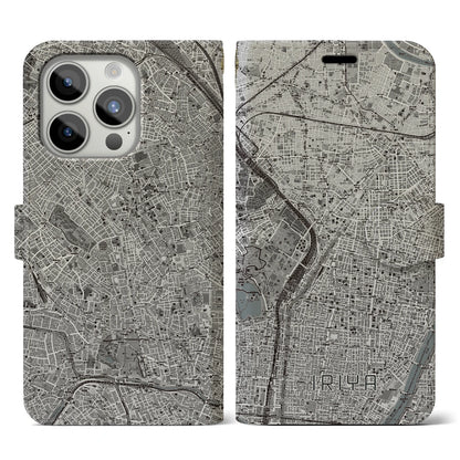 【入谷（東京都）】地図柄iPhoneケース（手帳タイプ）モノトーン・iPhone 15 Pro 用