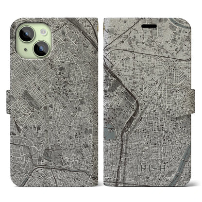 【入谷（東京都）】地図柄iPhoneケース（手帳タイプ）モノトーン・iPhone 15 用
