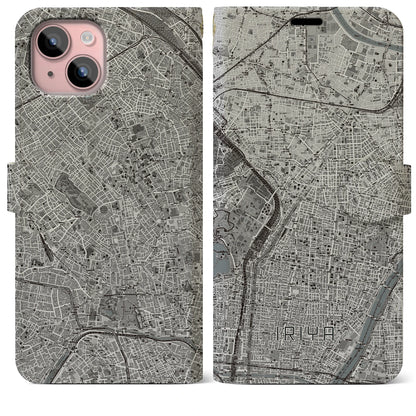 【入谷（東京都）】地図柄iPhoneケース（手帳タイプ）モノトーン・iPhone 15 Plus 用