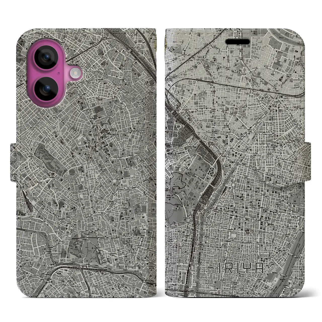 【入谷（東京都）】地図柄iPhoneケース（手帳タイプ）モノトーン・iPhone 16 Pro 用