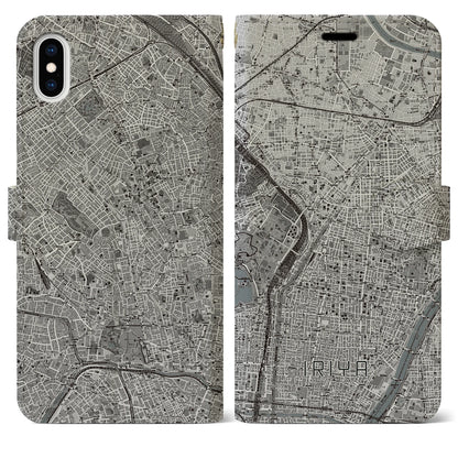 【入谷（東京都）】地図柄iPhoneケース（手帳タイプ）モノトーン・iPhone XS Max 用