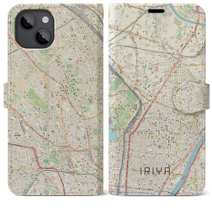 【入谷（東京都）】地図柄iPhoneケース（手帳タイプ）ナチュラル・iPhone 14 Plus 用