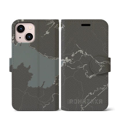 【いろは坂（栃木県）】地図柄iPhoneケース（手帳タイプ）モノトーン・iPhone 13 mini 用