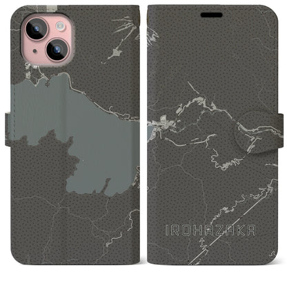 【いろは坂（栃木県）】地図柄iPhoneケース（手帳タイプ）モノトーン・iPhone 15 Plus 用