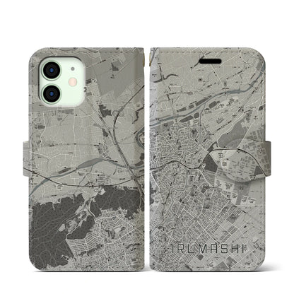 【入間市（埼玉県）】地図柄iPhoneケース（手帳タイプ）モノトーン・iPhone 12 mini 用