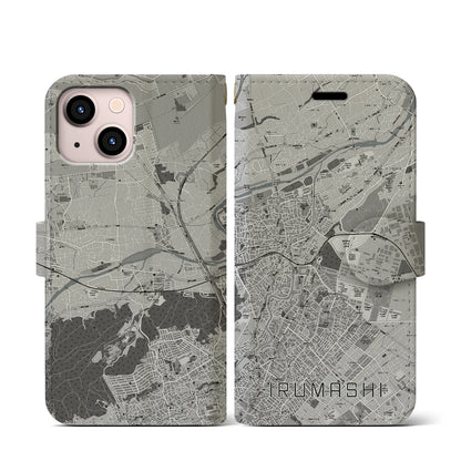 【入間市（埼玉県）】地図柄iPhoneケース（手帳タイプ）モノトーン・iPhone 13 mini 用