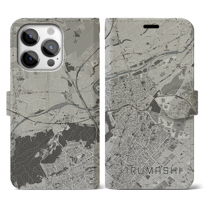 【入間市（埼玉県）】地図柄iPhoneケース（手帳タイプ）モノトーン・iPhone 14 Pro 用