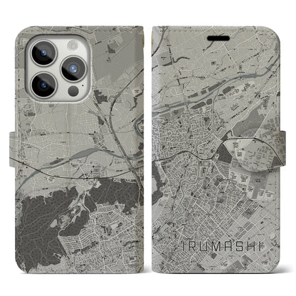 【入間市（埼玉県）】地図柄iPhoneケース（手帳タイプ）モノトーン・iPhone 15 Pro 用