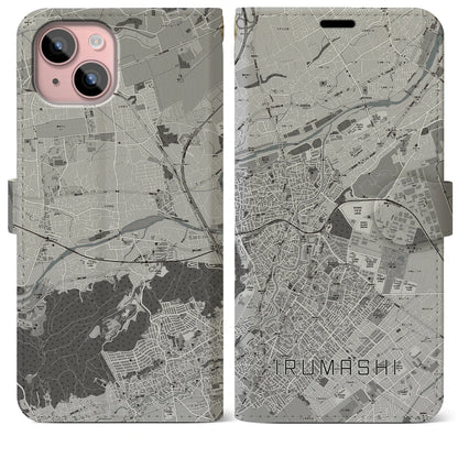 【入間市（埼玉県）】地図柄iPhoneケース（手帳タイプ）モノトーン・iPhone 15 Plus 用