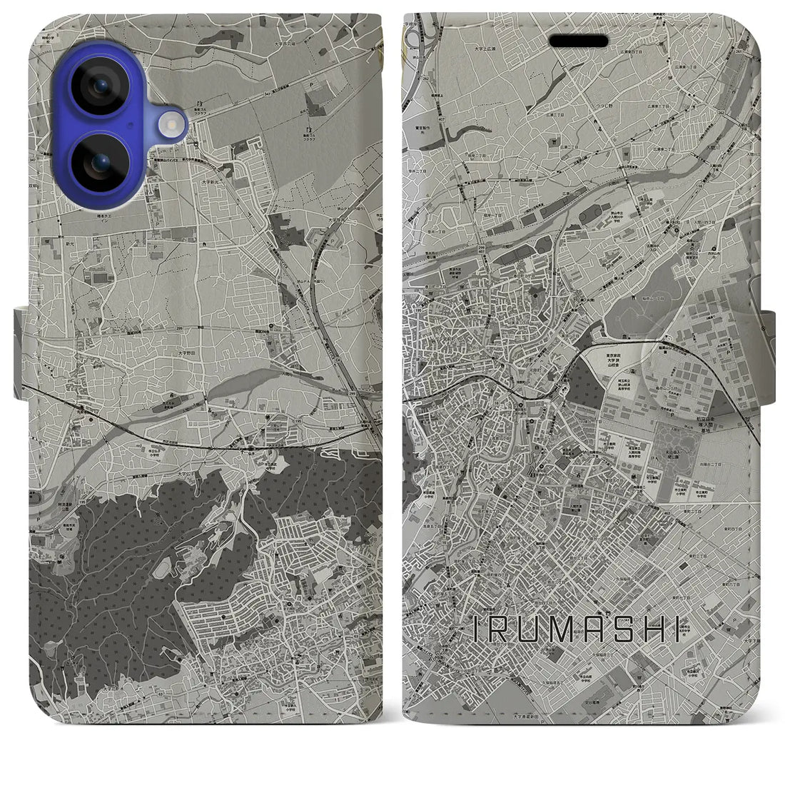 【入間市(埼玉県)】地図柄iPhoneケース(手帳タイプ)モノトーン・iPhone 16 Pro Max 用