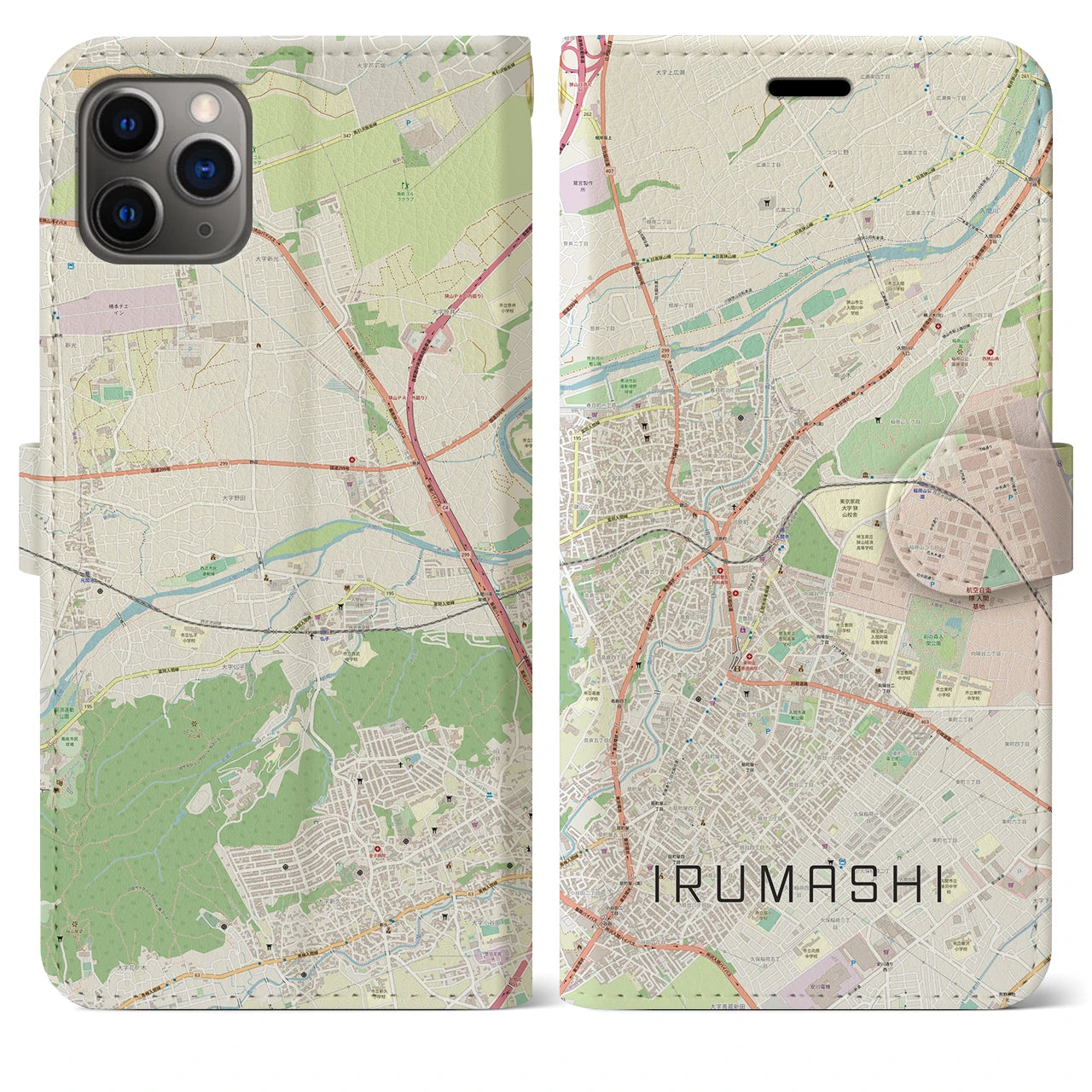 【入間市（埼玉県）】地図柄iPhoneケース（手帳タイプ）ナチュラル・iPhone 11 Pro Max 用