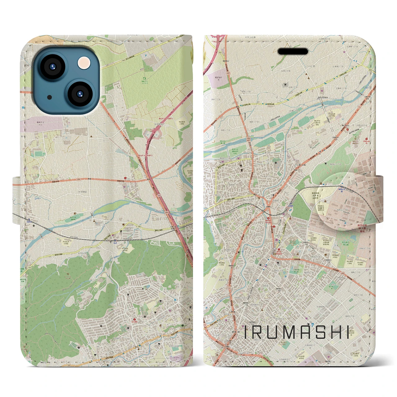 【入間市（埼玉県）】地図柄iPhoneケース（手帳タイプ）ナチュラル・iPhone 13 用