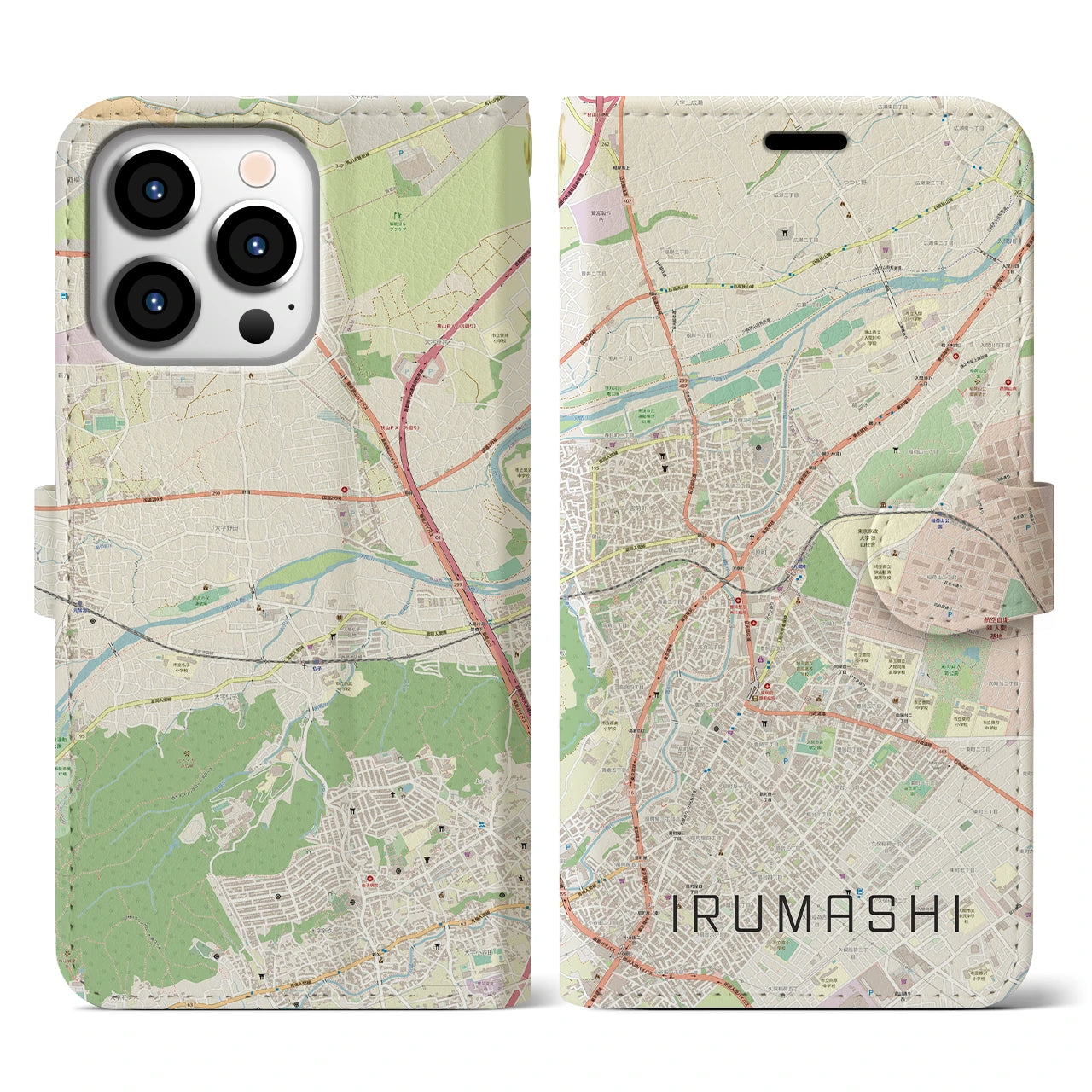 【入間市（埼玉県）】地図柄iPhoneケース（手帳タイプ）ナチュラル・iPhone 13 Pro 用