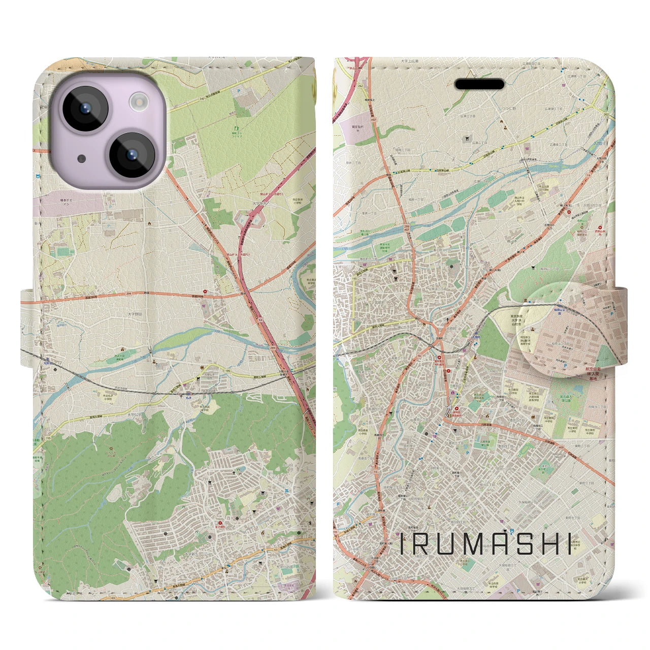 【入間市（埼玉県）】地図柄iPhoneケース（手帳タイプ）ナチュラル・iPhone 14 用