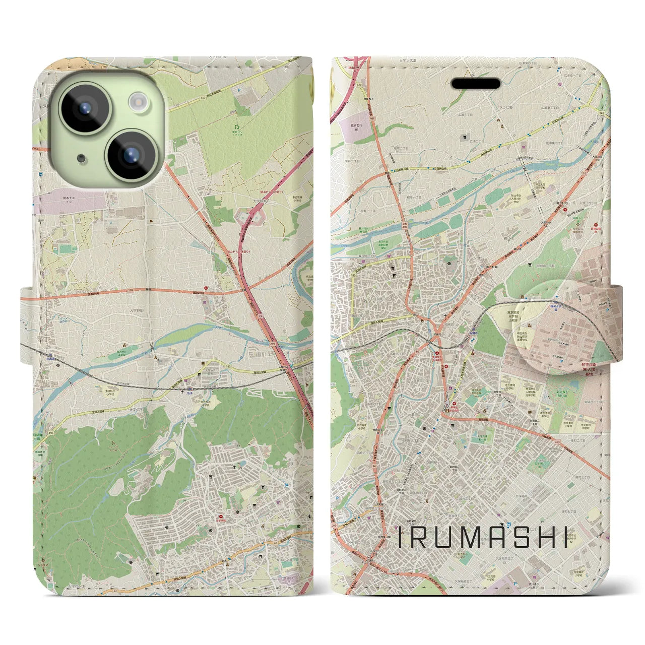 【入間市（埼玉県）】地図柄iPhoneケース（手帳タイプ）ナチュラル・iPhone 15 用