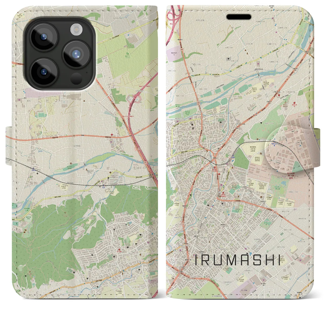 【入間市（埼玉県）】地図柄iPhoneケース（手帳タイプ）ナチュラル・iPhone 15 Pro Max 用