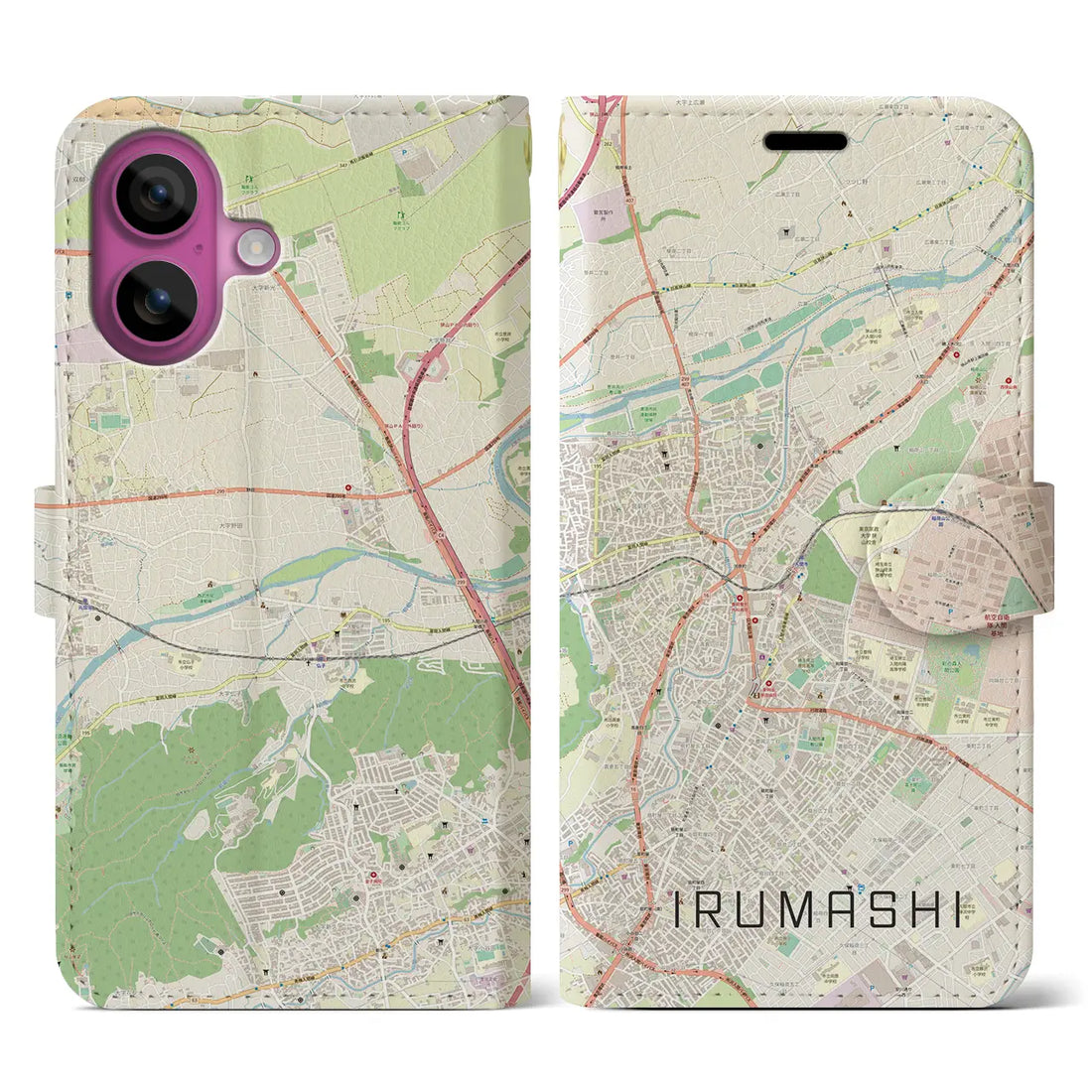 【入間市（埼玉県）】地図柄iPhoneケース（手帳タイプ）ナチュラル・iPhone 16 Pro 用