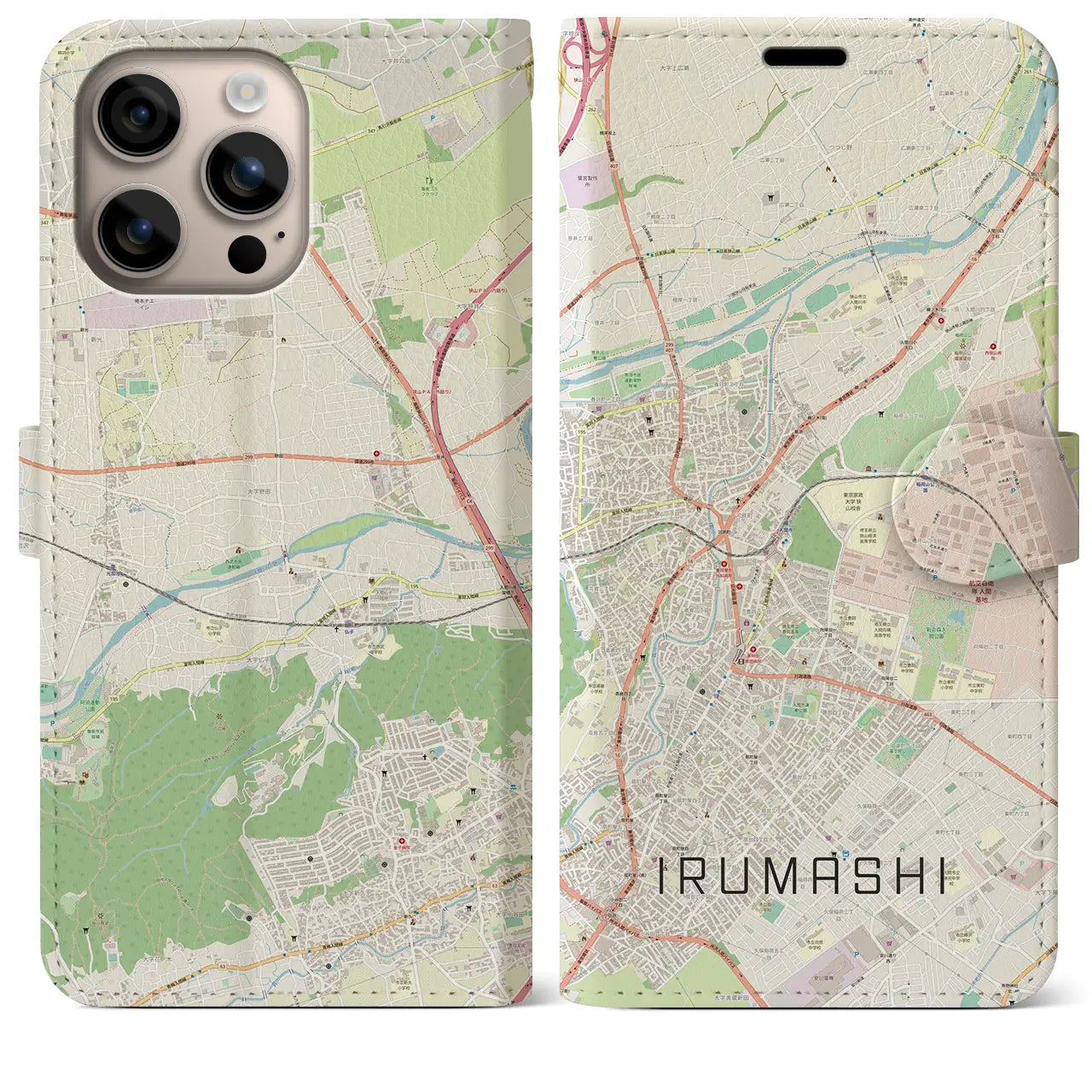 【入間市（埼玉県）】地図柄iPhoneケース（手帳タイプ）ナチュラル・iPhone 16 Plus 用