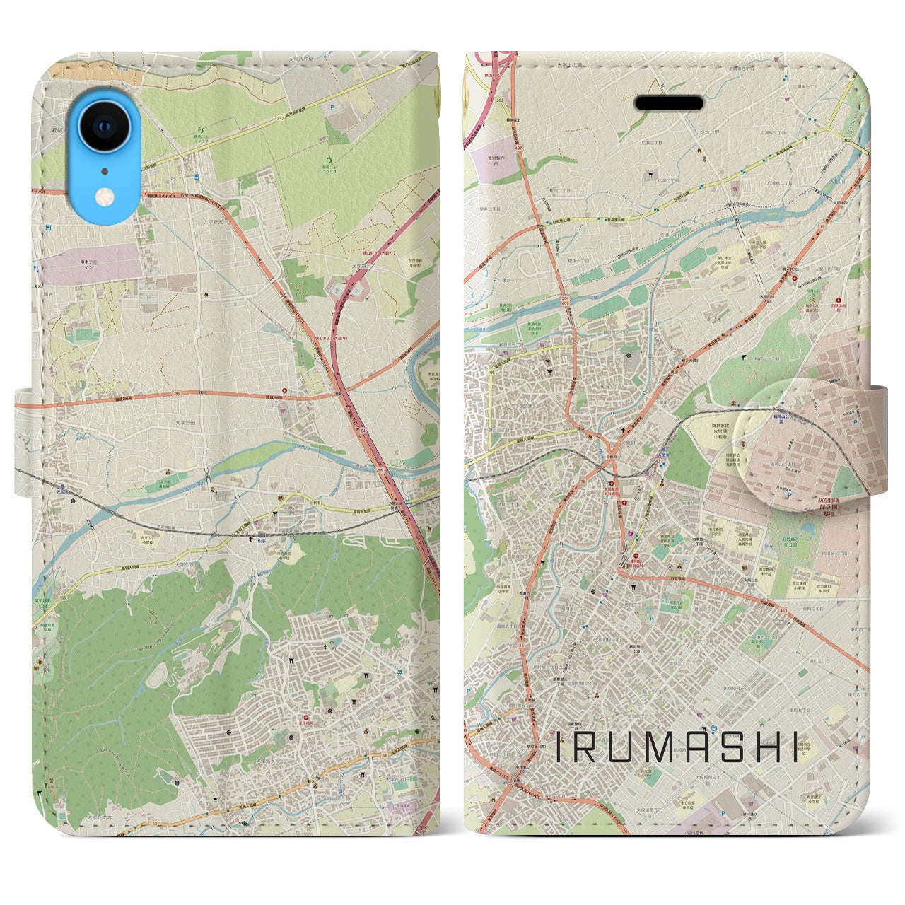 【入間市（埼玉県）】地図柄iPhoneケース（手帳タイプ）ナチュラル・iPhone XR 用