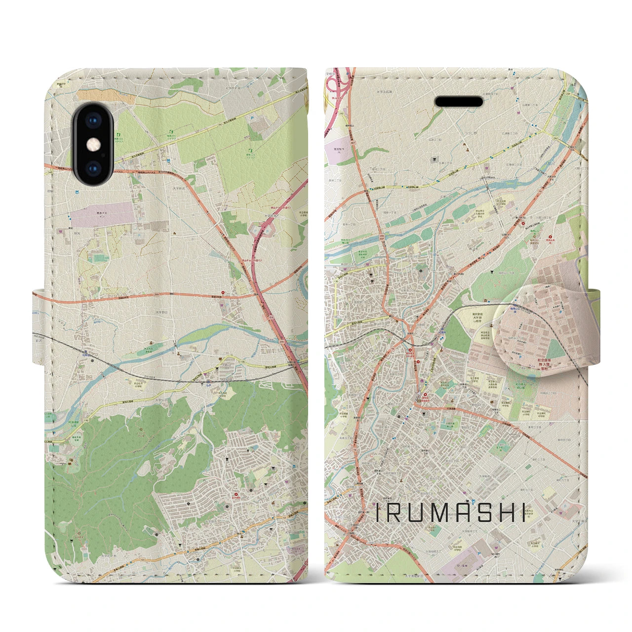 【入間市（埼玉県）】地図柄iPhoneケース（手帳タイプ）ナチュラル・iPhone XS / X 用