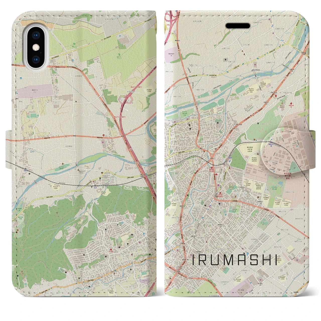 【入間市（埼玉県）】地図柄iPhoneケース（手帳タイプ）ナチュラル・iPhone XS Max 用