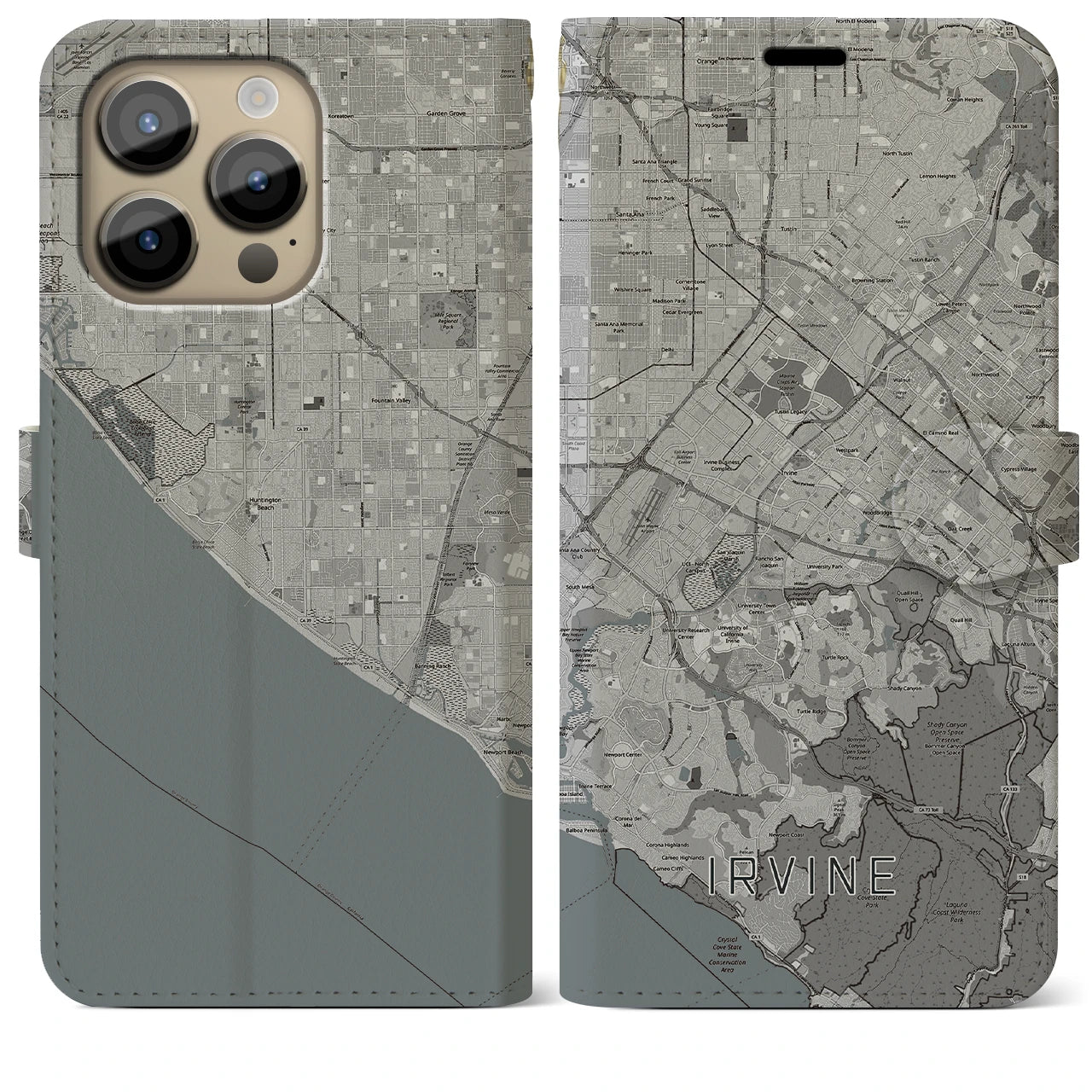 【アーバイン】地図柄iPhoneケース（手帳両面タイプ・モノトーン）iPhone 14 Pro Max 用