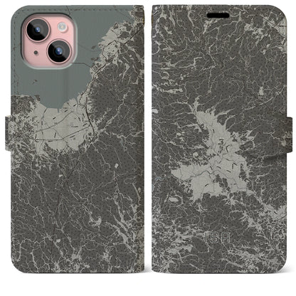 【伊佐（鹿児島県）】地図柄iPhoneケース（手帳タイプ）モノトーン・iPhone 15 Plus 用