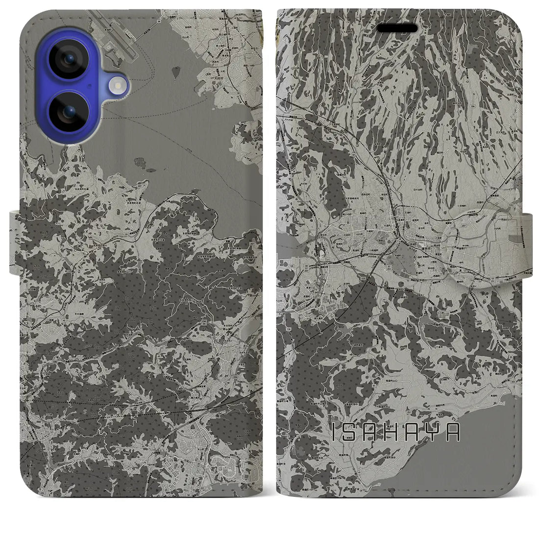 【諫早(長崎県)】地図柄iPhoneケース(手帳タイプ)モノトーン・iPhone 16 Pro Max 用