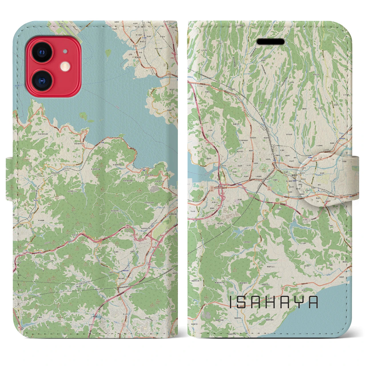 【諫早（長崎県）】地図柄iPhoneケース（手帳タイプ）ナチュラル・iPhone 11 用