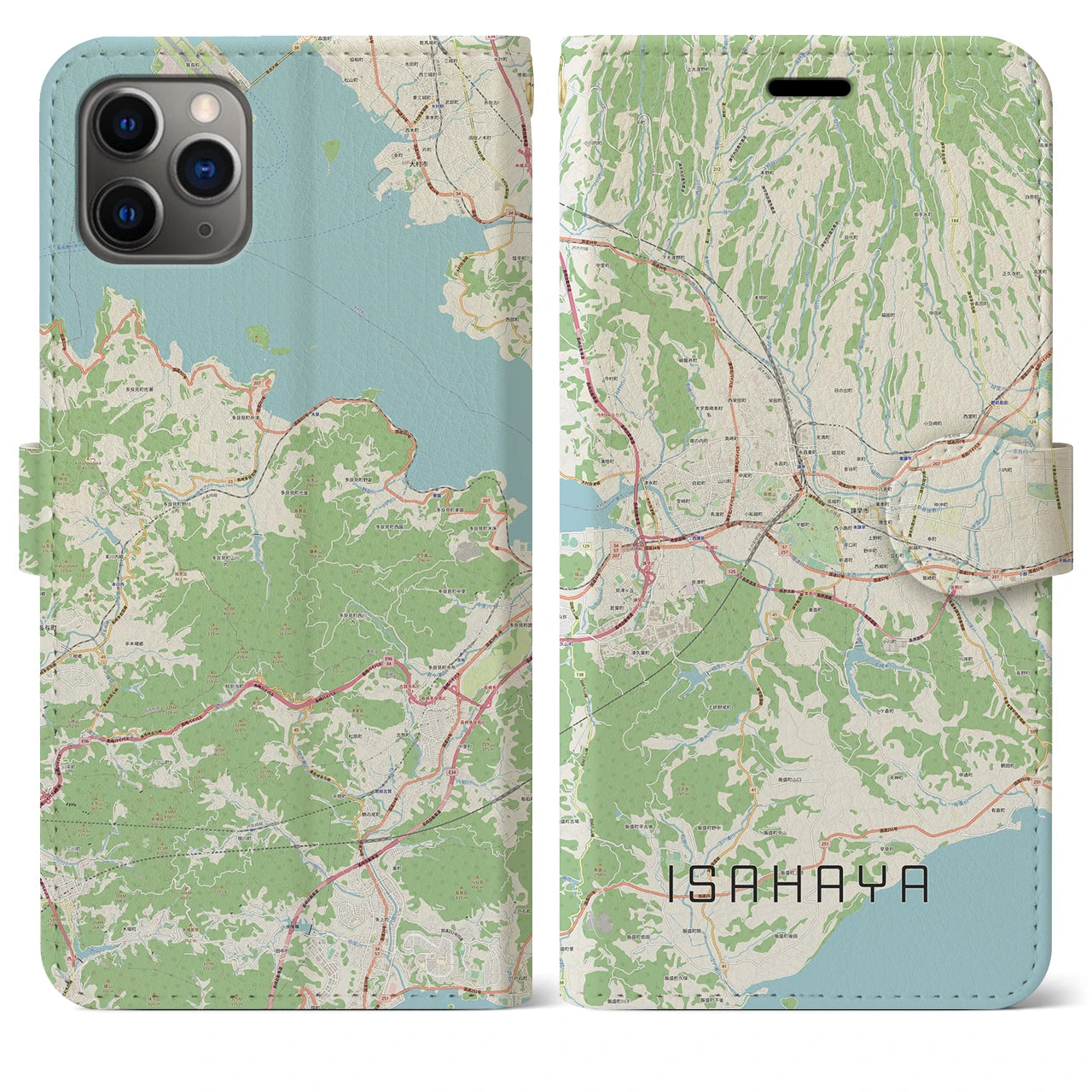 【諫早（長崎県）】地図柄iPhoneケース（手帳タイプ）ナチュラル・iPhone 11 Pro Max 用